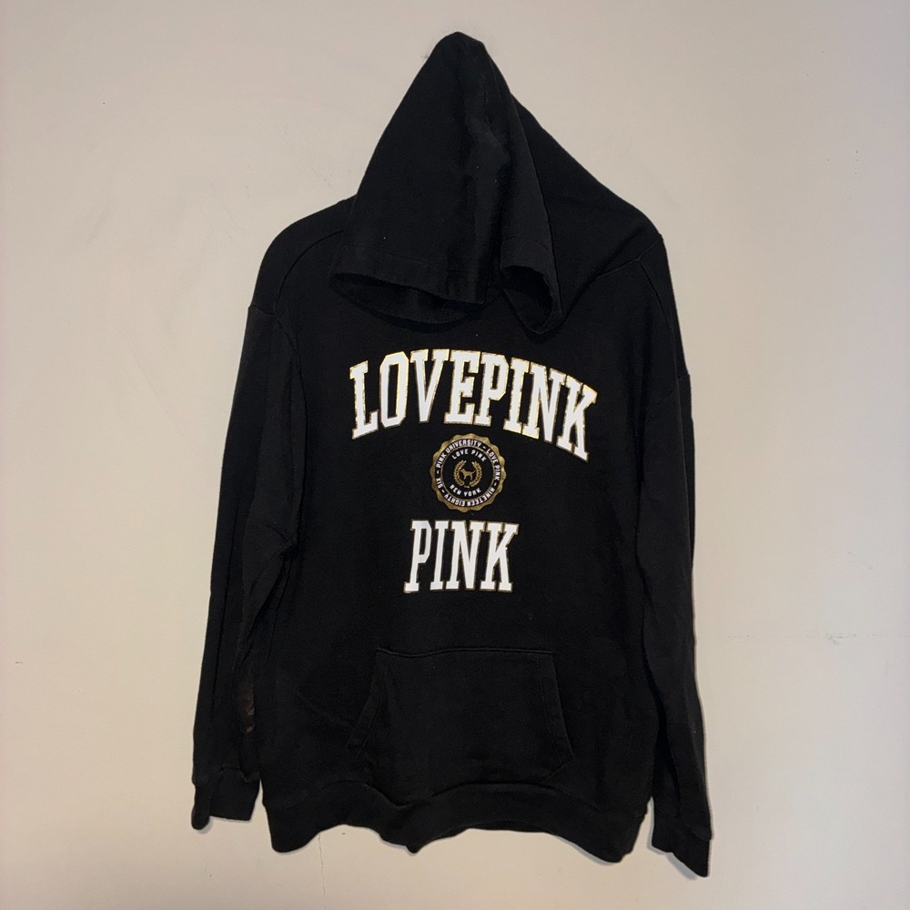 PINK Victoria's Secret LOVEPINK Hoodie Black Gold Pullover Small